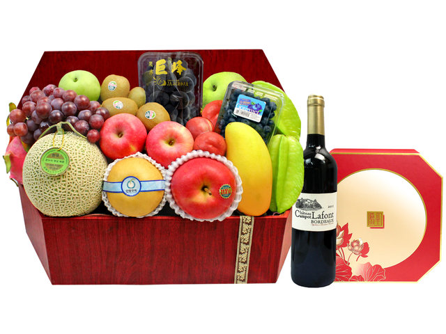 Mid-Autumn Gift Hamper - Mid Autumn Peninsula Moon Cake With Deluxe Fine Wine Fruit Hamper FH100 - L1294174 Photo